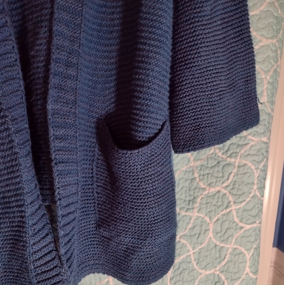 Teal blue knit open front cardigan sweater - Picture 3 of 6